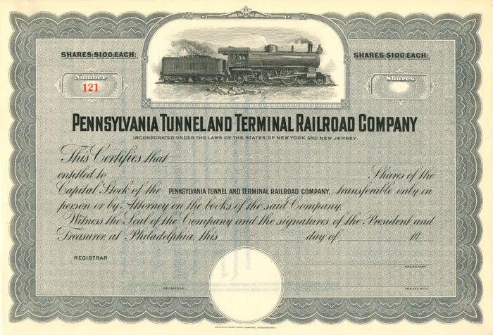 Pennsylvania Tunnel and Terminal Railroad Co. - Stock Certificate